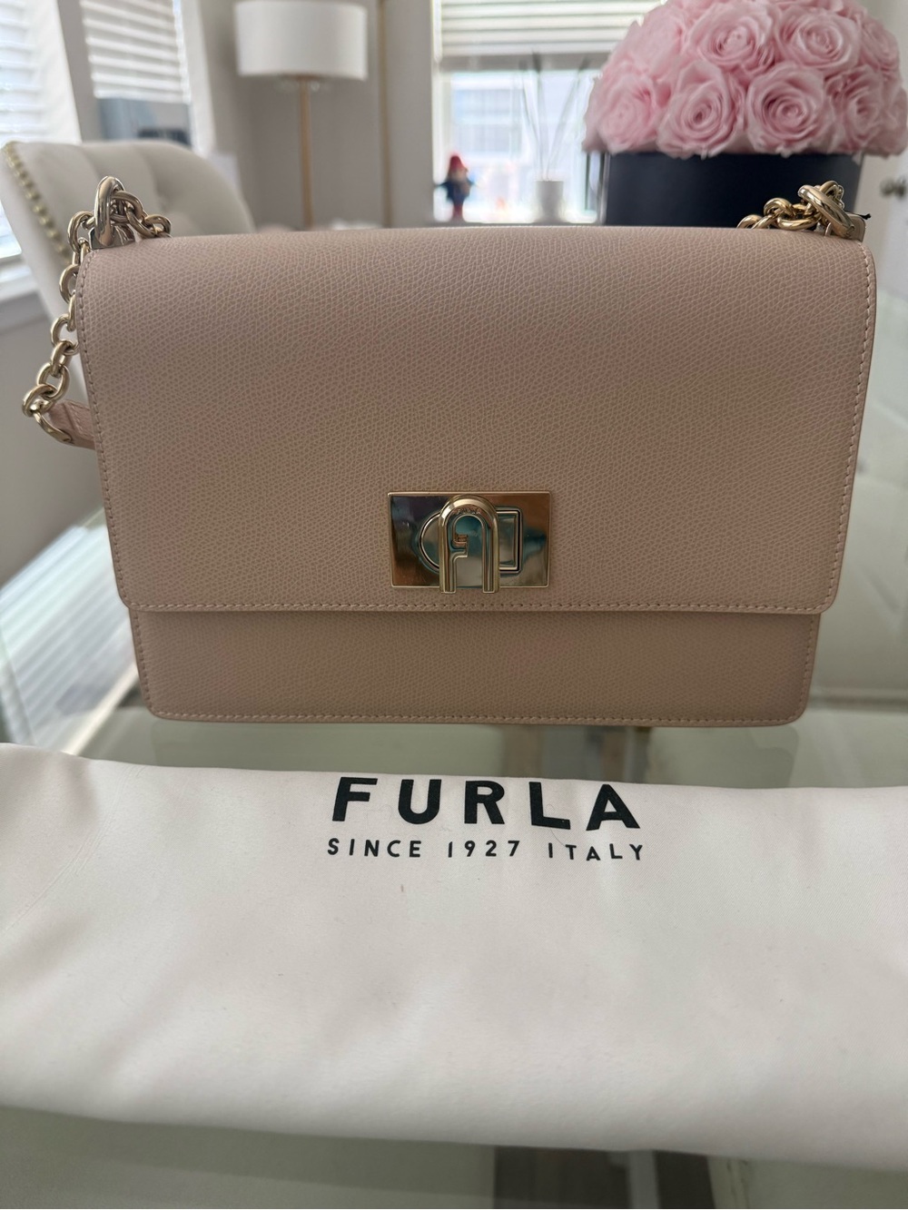 NWT Furla Ballerina Nude Pink Leather Chain Crossbody Bag with Gold Hardware